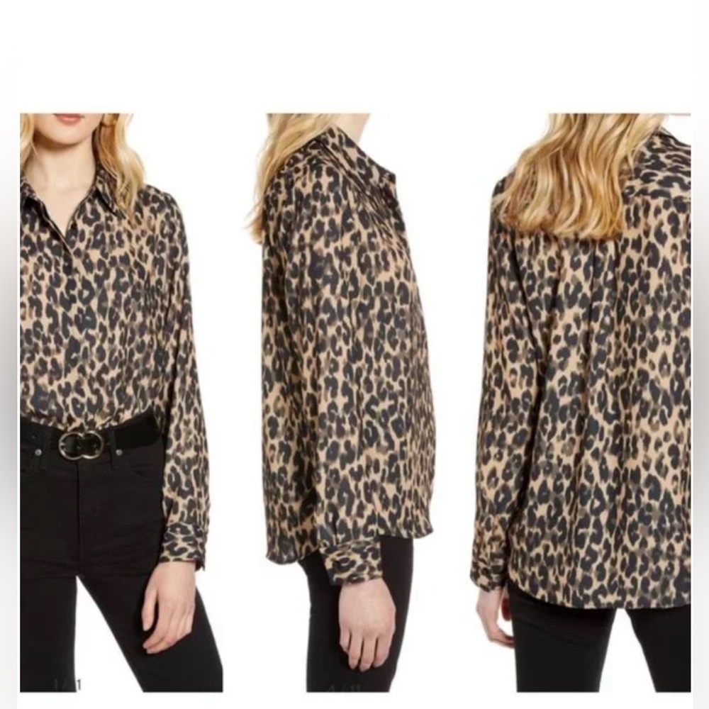 Halogen Leopard Print Button-Down Shirt in Black and Tan